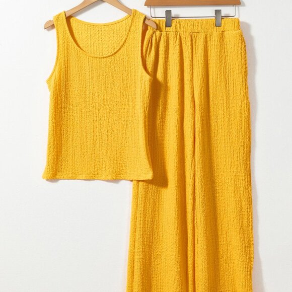 Yellow Crinkled U Neck Tank Top and Wide Leg Pants Set - Picture 2 of 15